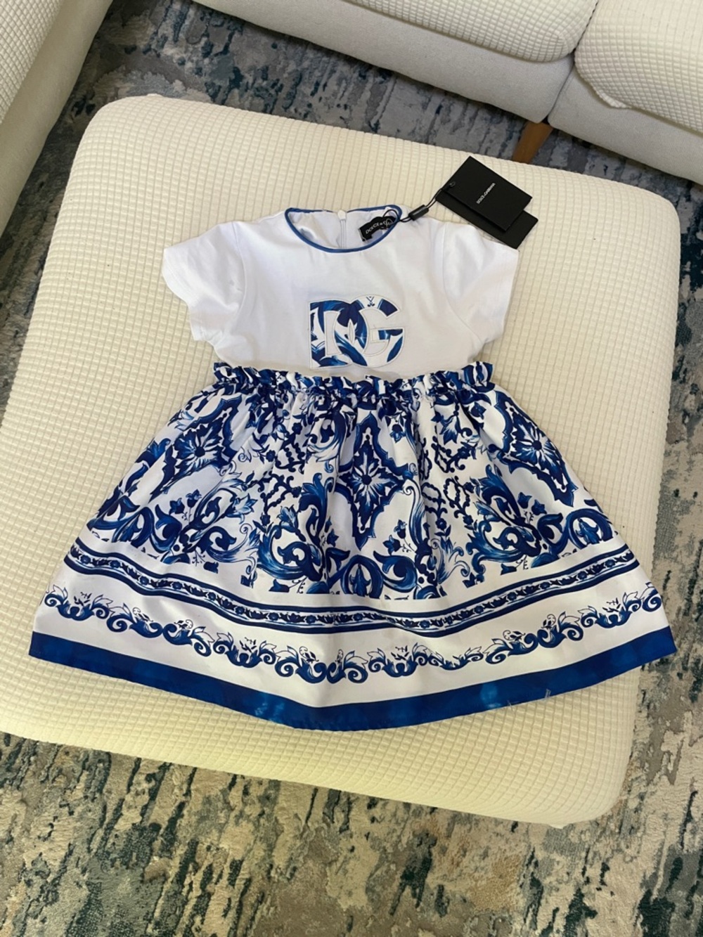 Dolce & Gabbana White and Blue Baroque Print Girls' Dress